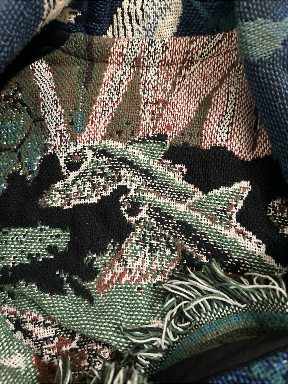 Handmade Fringed Boho Blanket Tapestry Knit Cardigan Blue & Green Animals Sz XL - Picture 14 of 16